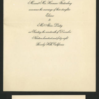 LUSTIG, Alvin and Elaine: Wedding Announcement and Calling Card. Beverly Hills, CA: Mr. and Mrs. Herman Firstenberg, 1948.