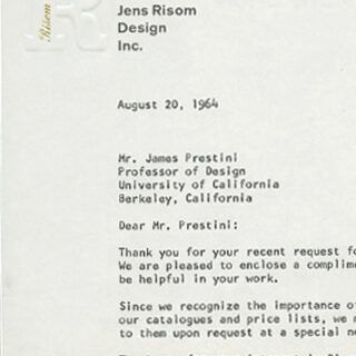 Risom, Jens: RISOM CATALOGS & PRICE LISTS, ETC. Pleasantville, NY: Jens Risom Design, Inc. January 1962 – August 1964.